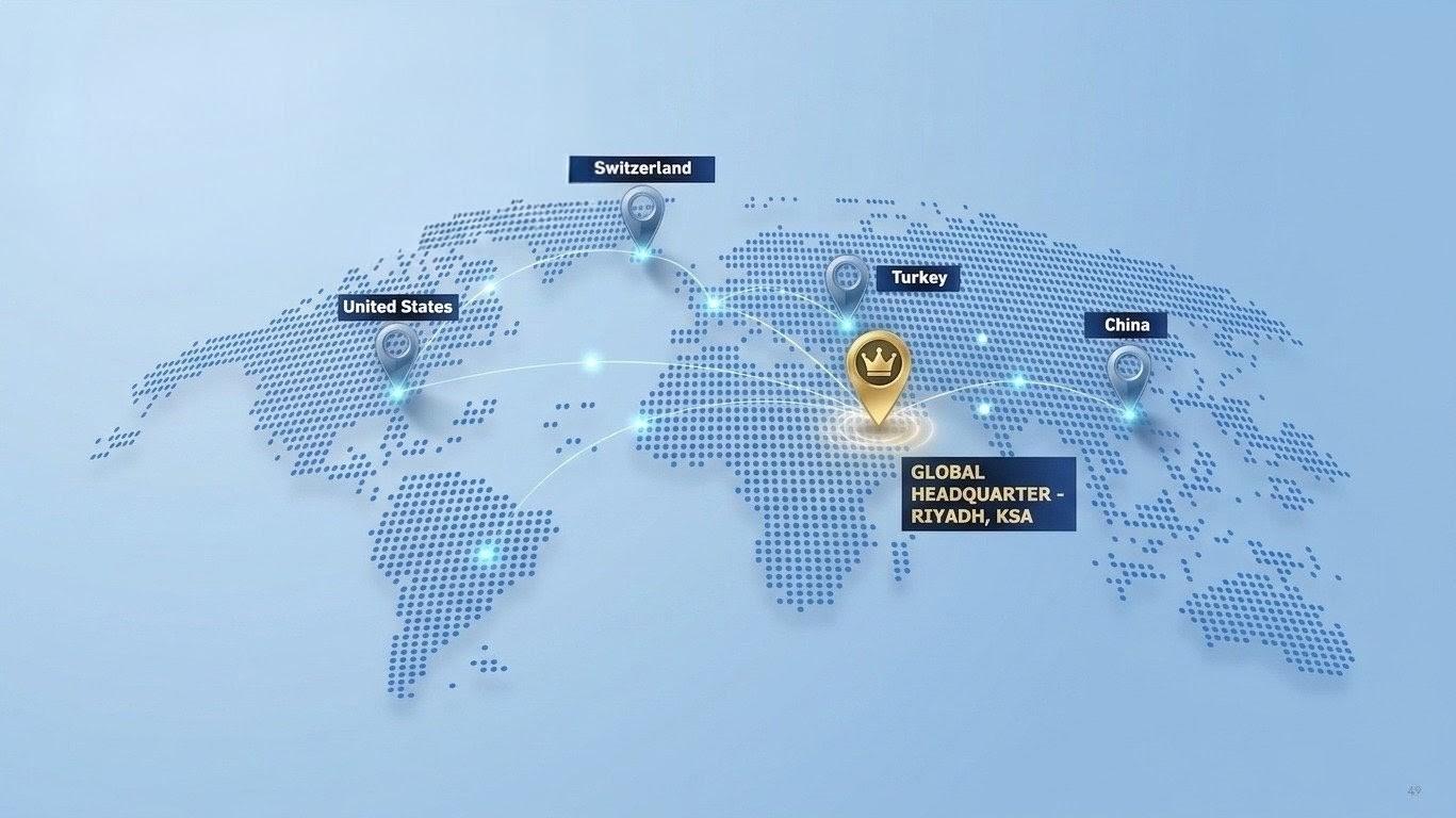 خريطة توضح المقر الرئيسي لإسناد في الرياض وحضورها في الولايات المتحدة وسويسرا وتركيا والصين